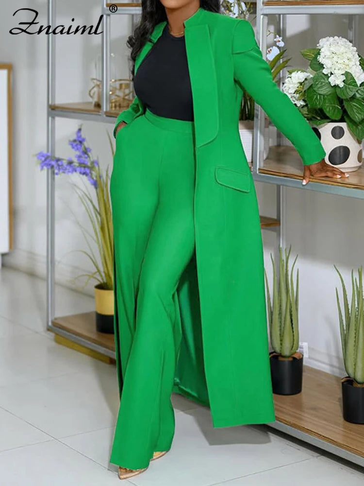 Znaiml Office Blazer Suit Two 2 Piece Pants Sets for Women Long Sleeve Coat Top and Wide Leg Pants OL 2pcs Work Green Outfits