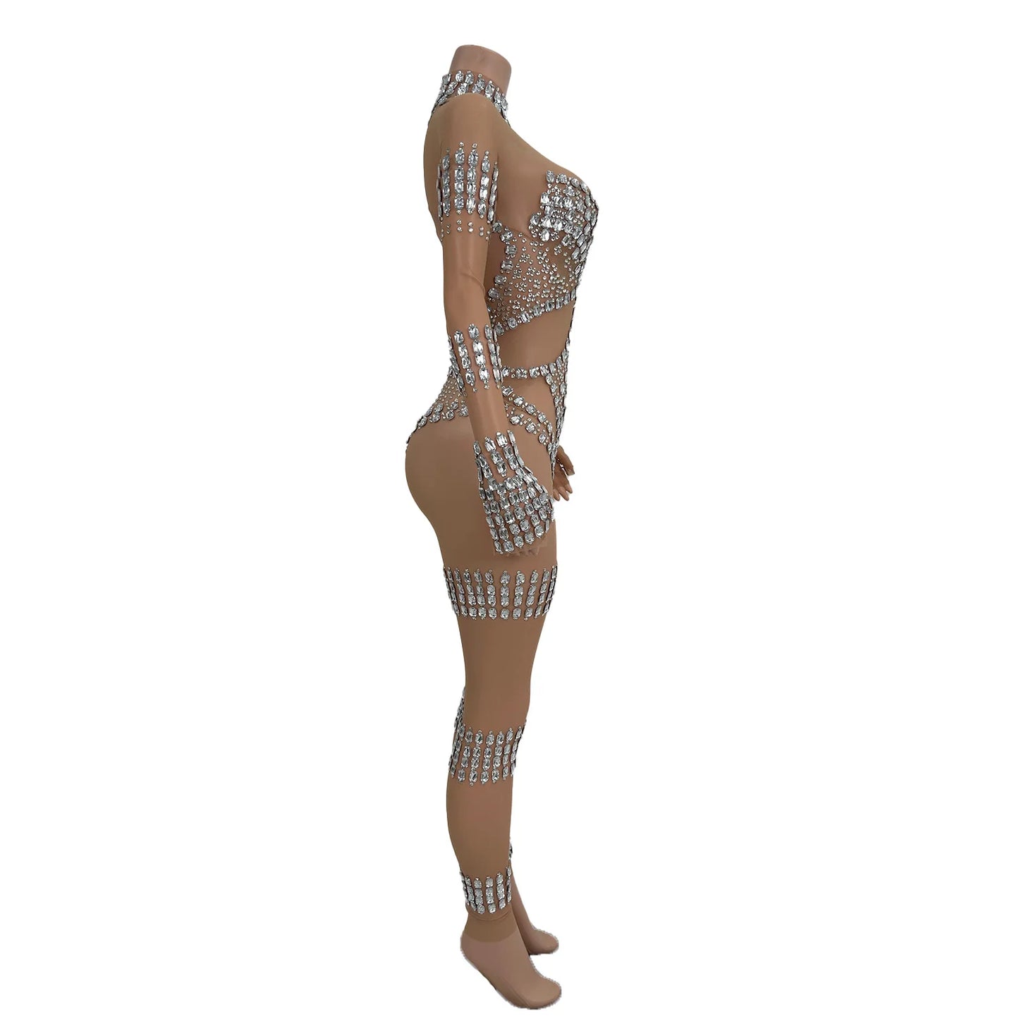 Fashion Sparkly Diamonds Skinny Jumpsuit Women Nightclub Prom Party Outfit Singer Dancer Performance Costume Stage Wear Dunpai
