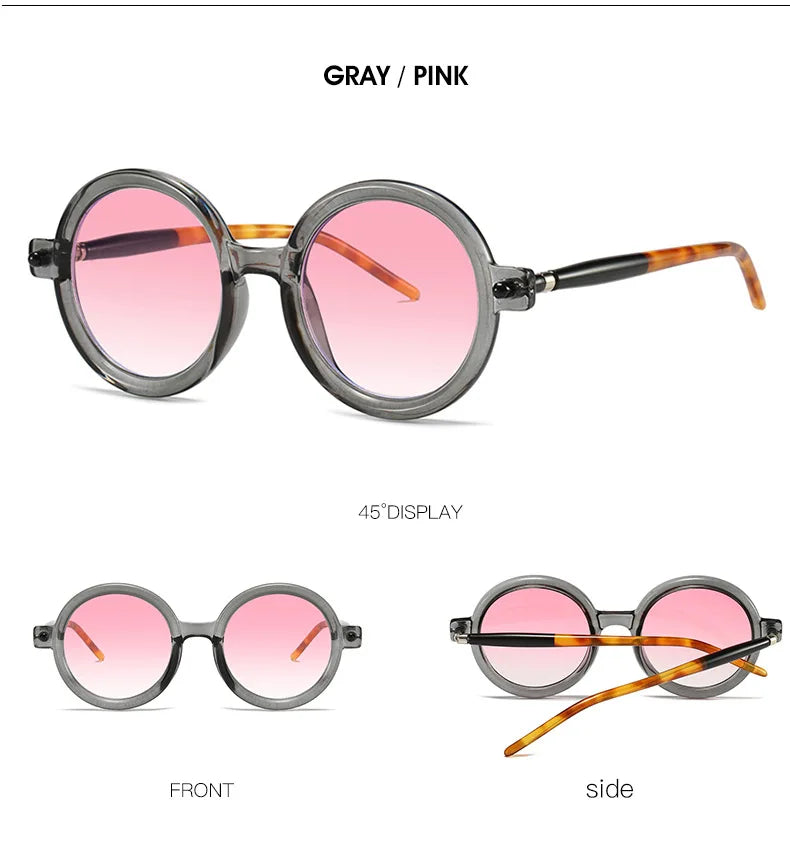 Retro Gray Pink Lens Round Sunglasses Women 2025 Brand Trendy Shiny Circle Frame Men Spectacle Plain Eyewear Shades Sun Glasses
