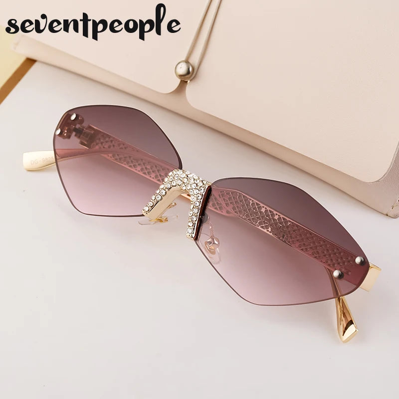 Small Metal Frame Hexagon Rimless Sunglasses Women 2025 Luxury Brand Design Polygon Sun Glasses For Ladies Retro Eyewear Shades