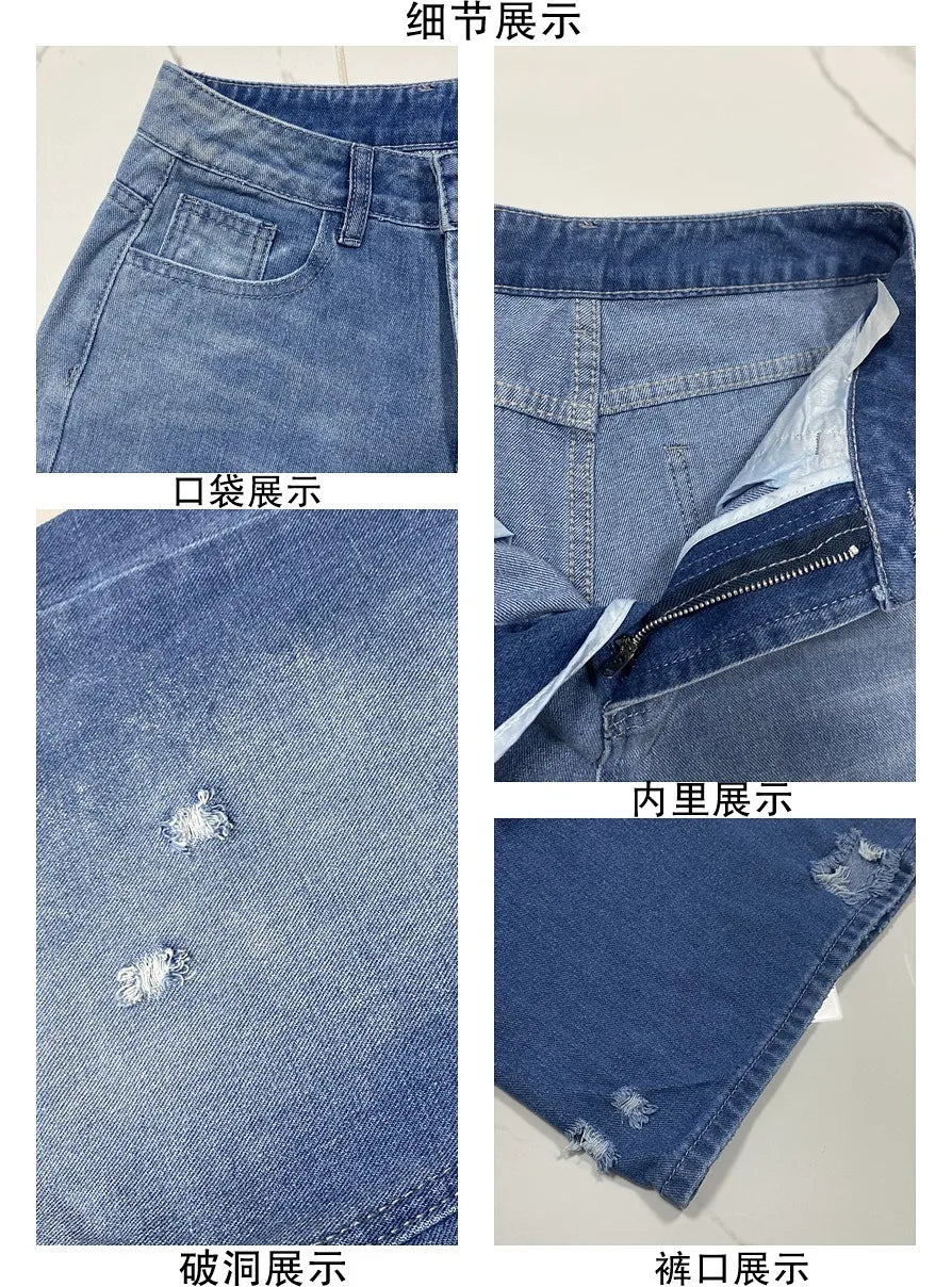 Women Denim Holes Jeans Washing Pencil Pants High Waist Zipper Mom Fly Slim Wide Leg Pockets Full Length Spring 2025 Streetwear