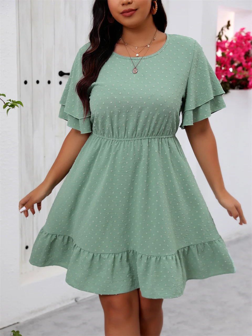 GIBSIE Plus Size Swiss Dot Butterfly Sleeve Dress Women Summer 2025 New Round Neck Elastic Boho A-line Ruffle Hem Short Dresses