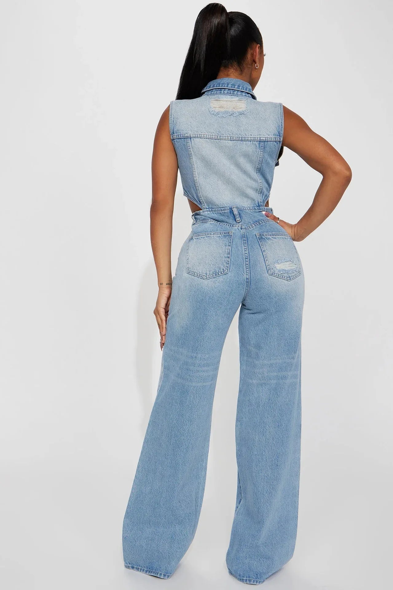 FAGADOER Y2k Retro Denim One Pieces Jumpsuit Women High Quality Stretchy Wide Leg Jean Rompers Side Hollow Streetwear Overalls