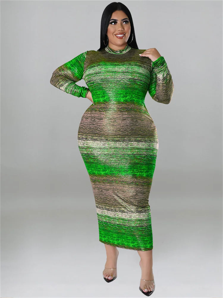 Wmstar Plus Size Dresses Tie Dye Bodycon Women Clothes Long Sleeve Casual Fashion Maxi Dress with Belt Wholesale Dropshipping