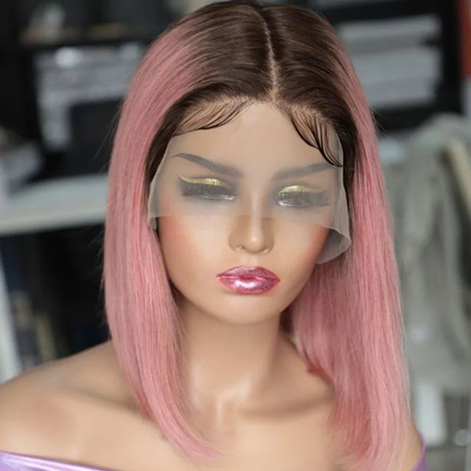 Sleek Pink Lace Front Short Bob Wigs Brazilian Ombre Black T4/Pink Human Hair Wigs 200% Density Natural Remy Human Hair
