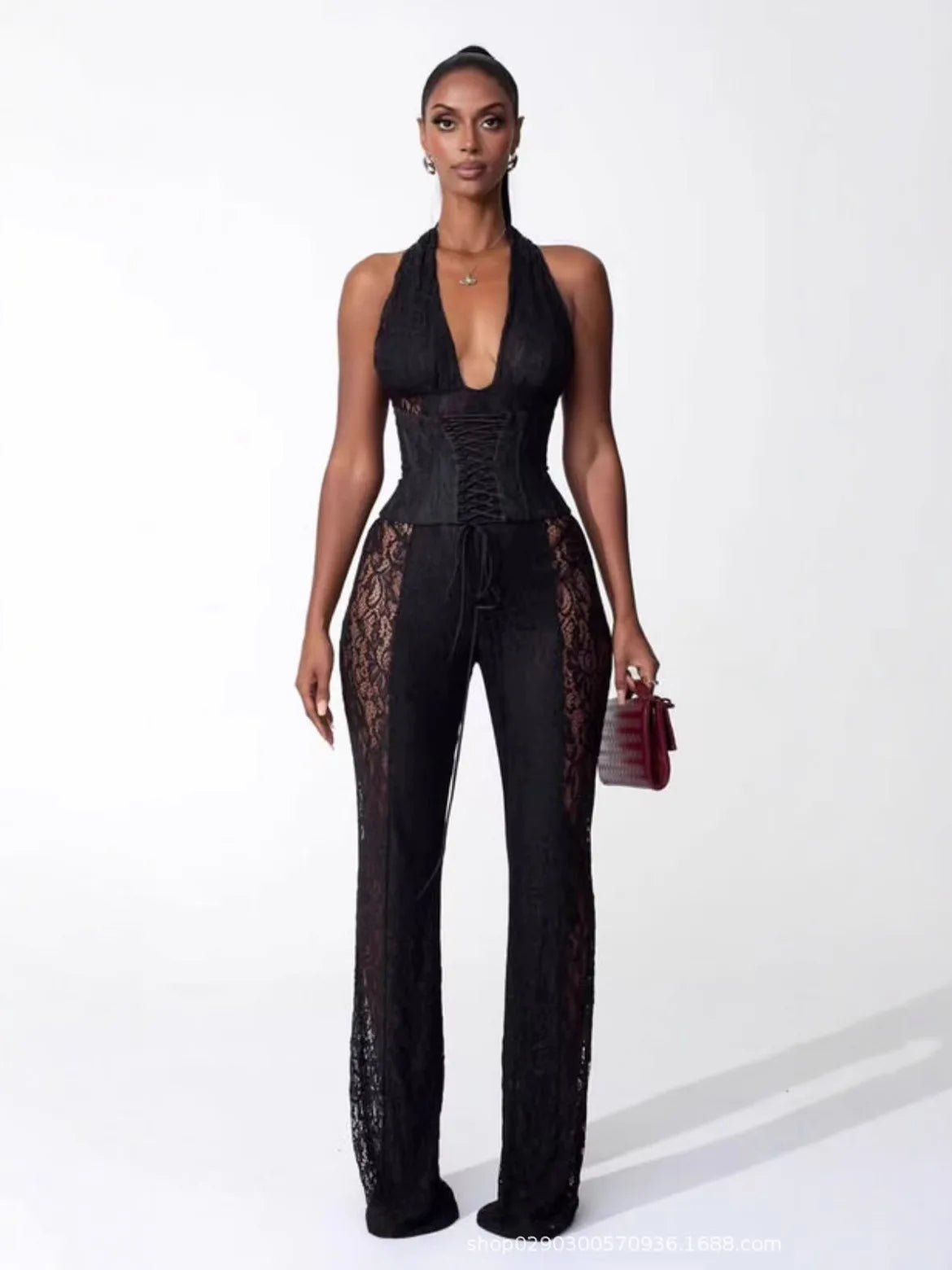 Sexy Lace Tops Two Piece Pant Set 2025 Women Summer Elegant Luxury Clothes Club Wear Halter Corsets 2 Piece Pant Sets Outfits