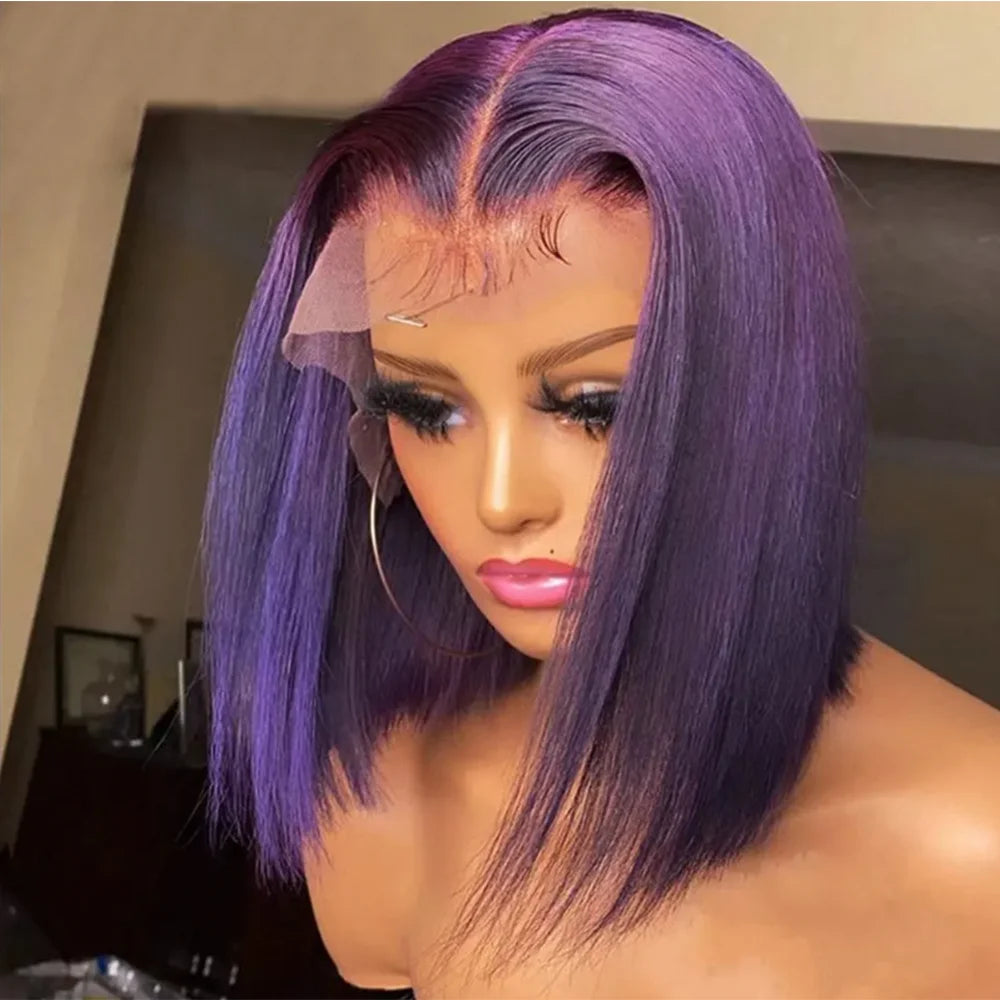 Dark Purple Bob Wig Human Hair 13x4 Hd Lace Front Wigs Human Hair 180% Density Glueless Wigs Short Cut Straight Bob Wigs