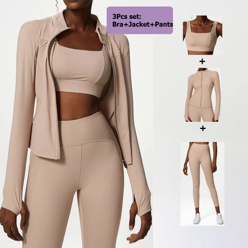 2/3 Pieces Fitness Yoga Set Women Solid Color Stretch Athletic Suit Sexy Bra Zipper Jacket High Waist Leggings Female Sportswear