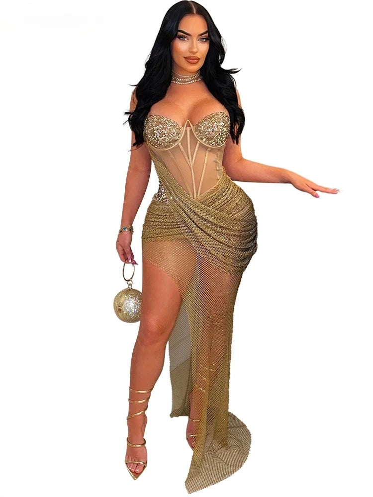 Luxury Irregular Lace Rhinestone Fish Bone Mesh Spaghetti Strips Slim Split Long Party Women Sexy Birthday Wedding Guest Dress
