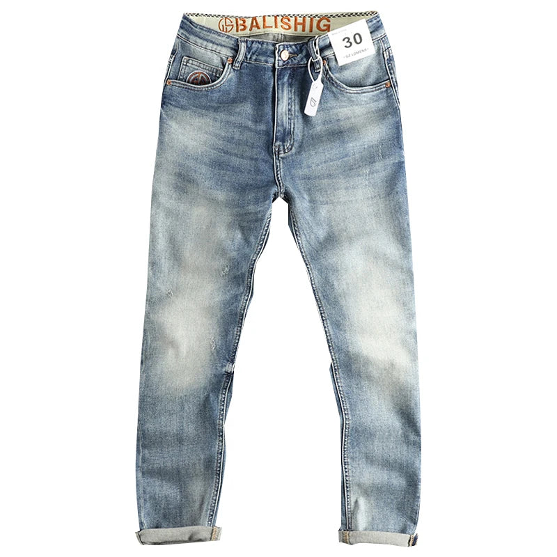 13oz Embroidery Light Blue Washed Denim Jeans for Men 2025 Spring Fashion Fit Straight Pants Clothes Youth Male Casual Trousers