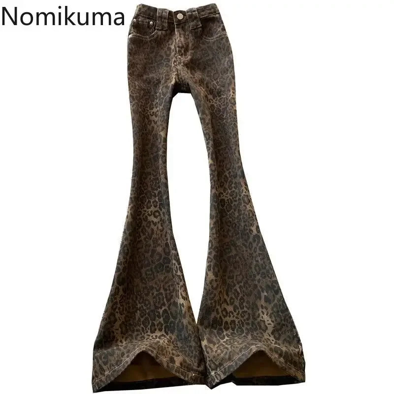 Leopard Print Flare Pants 2025 New Bottoms Pantalon Femme Slim Fit Fashion Streetwear Y2k Jeans Casual Vintage Denim Trousers