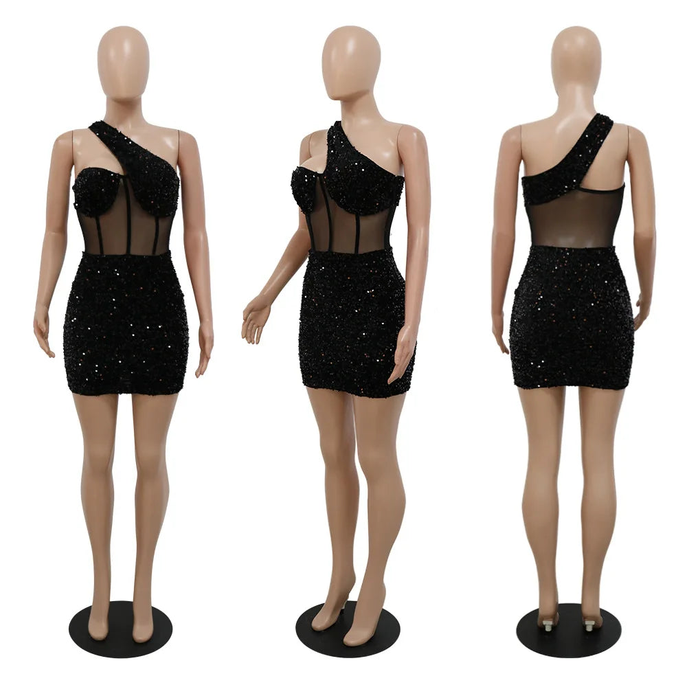 2023 Summer Women Sleeveless One Shoulder Bodycon Sexy Glitter Sequined Mesh Patchwork Mini Dress For Women Birthday Party