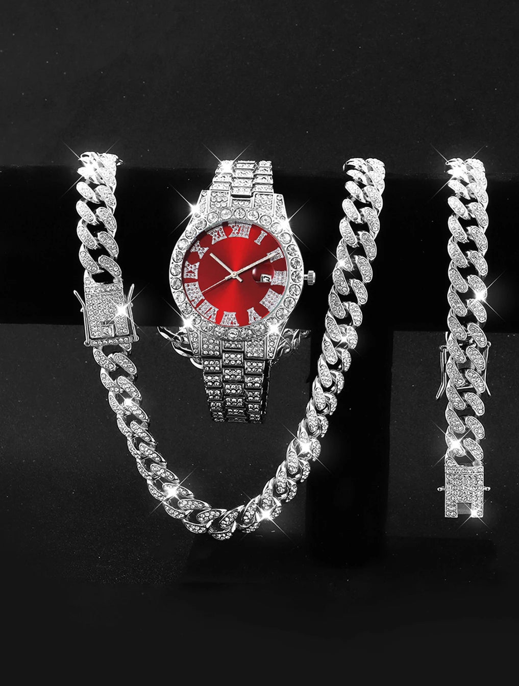 3PCS Luxury Watch With Calendar And Hip Hop Cuban Necklace bracelet set