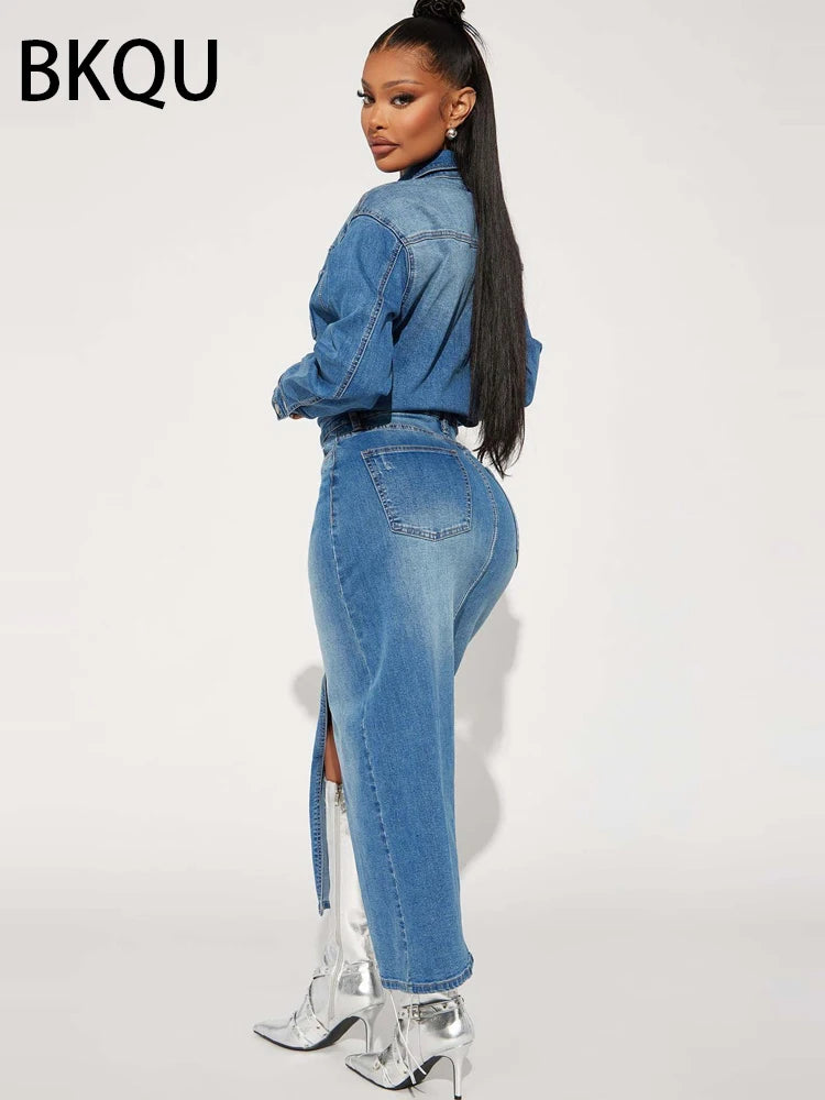 Spring Sexy Split Maxi Dress Fashion Lady Club Streetwear Jean Dress