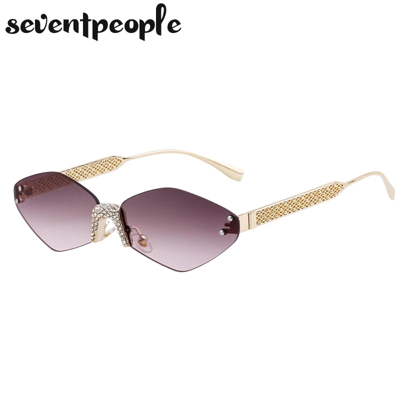 Small Metal Frame Hexagon Rimless Sunglasses Women 2025 Luxury Brand Design Polygon Sun Glasses For Ladies Retro Eyewear Shades