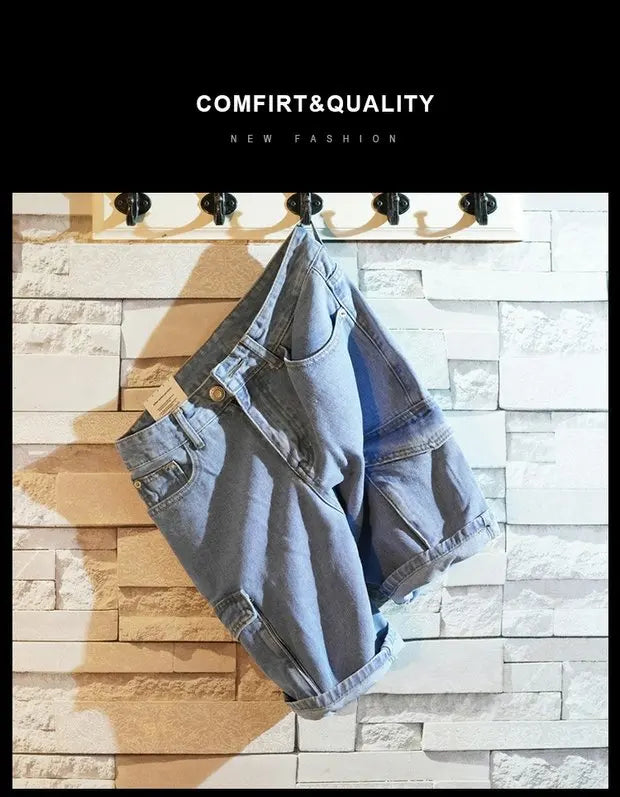 Summer 2025 Light Blue Ripped Cat Whisker Patch Letter Print Slim Denim Shorts Teenagers Jeans Boys and Girls Cowboy Short Pants