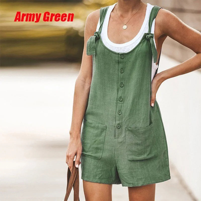 Summer women's solid color patch pocket tied cotton and linen suspender pants