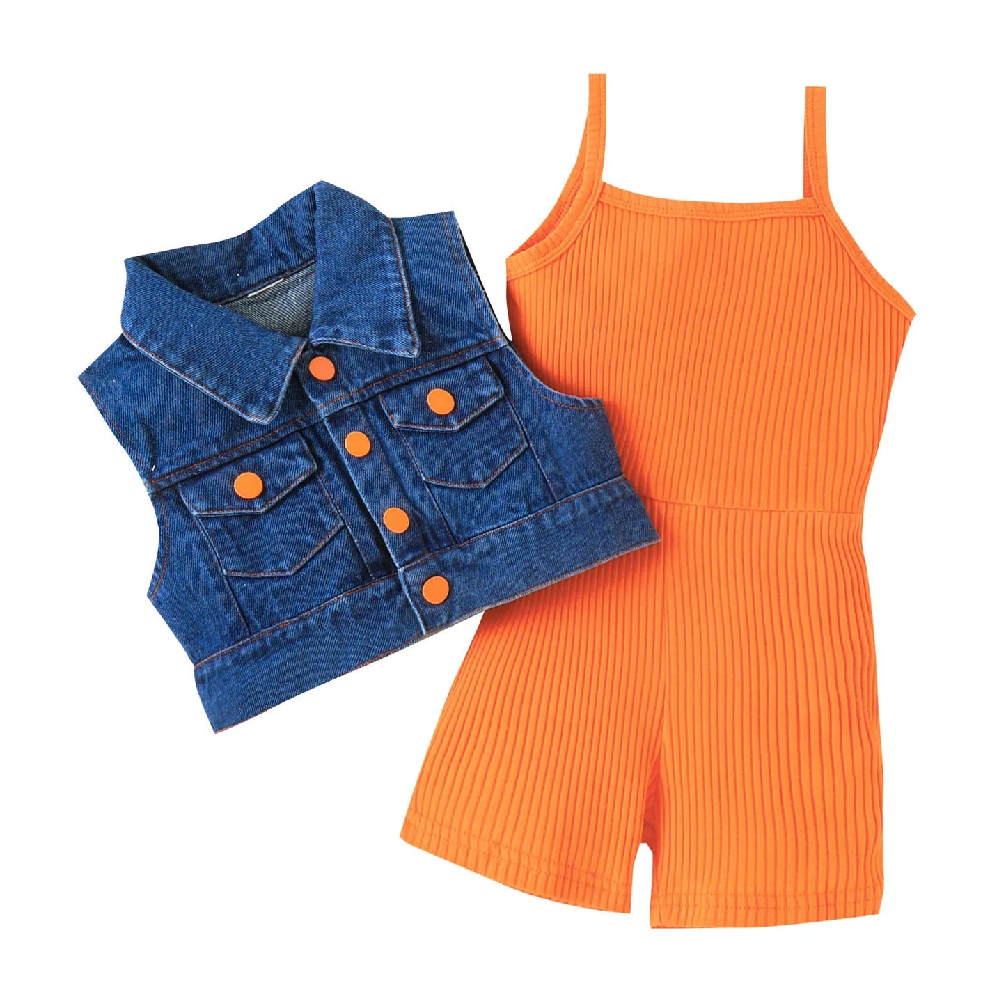 Children Fashion Clothes Sets For Girls 3-7 Years 2025 Summer Sleeveless Solid Rib Bodysuit +Lapel Denim Coat Two Piece Outfits