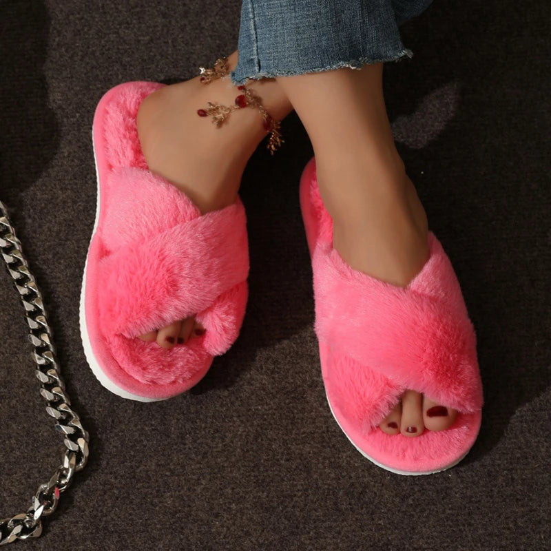CrissCross Band Plush House Slippers for Women