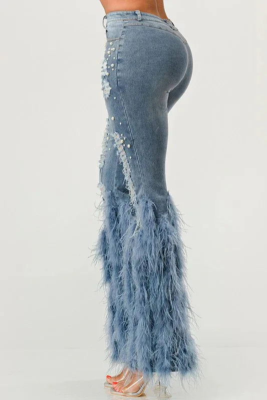 FAGADOER Feathers Patchwork Denim Pants Women Fashion Pearls Holes Tassel High Waist Stretchy Jeans Y2K Streetwear Bottoms New