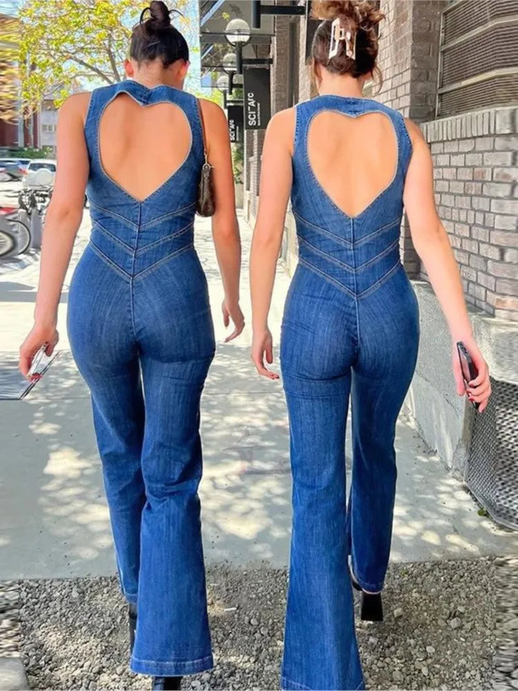 2025 New Women's Spring Summer Sexy Sleeveless Backless High Waisted Micro Flared Denim Jumpsuit