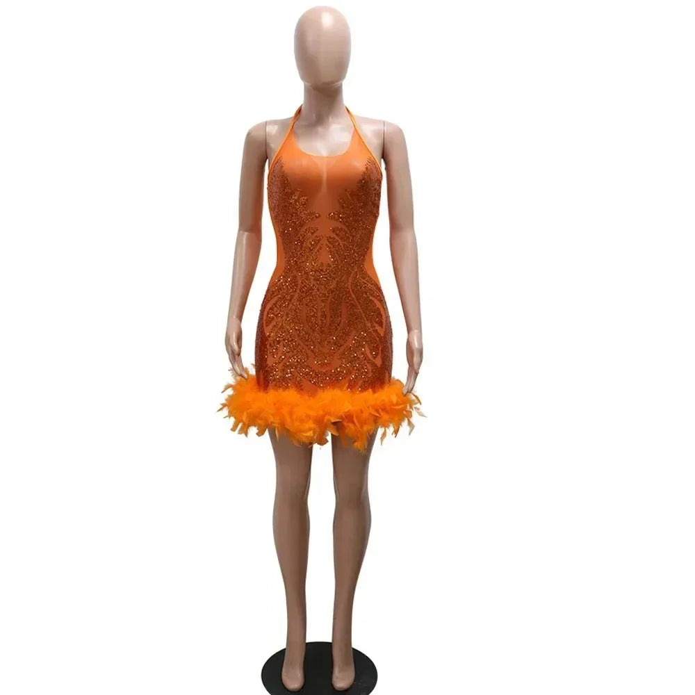 Beautiful Mesh Sequin Feather Glam Dress Luxury Woman Party Dress Glitter Sleeveless Night Out Dresses Birthday Outfits