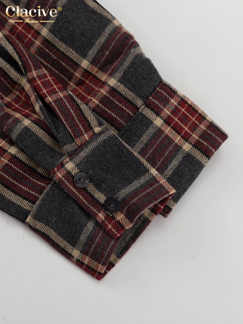 Clacive Fashion Loose Plaid 2 Piece Sets Women Outfit 2025 Elegant Long Sleeve Shirt With High Waist Mini Skirt Set Female