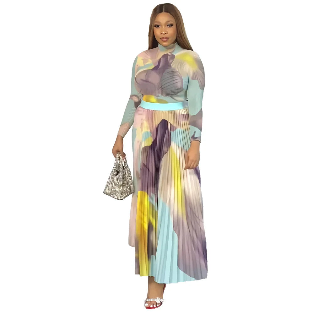 Wmstar Women Two Piece Set Lady Long Sleeve Short Top Elegant Pleated Skirt Y2K Tshirt Top Summer Big Swing Skirts Waffle Suits