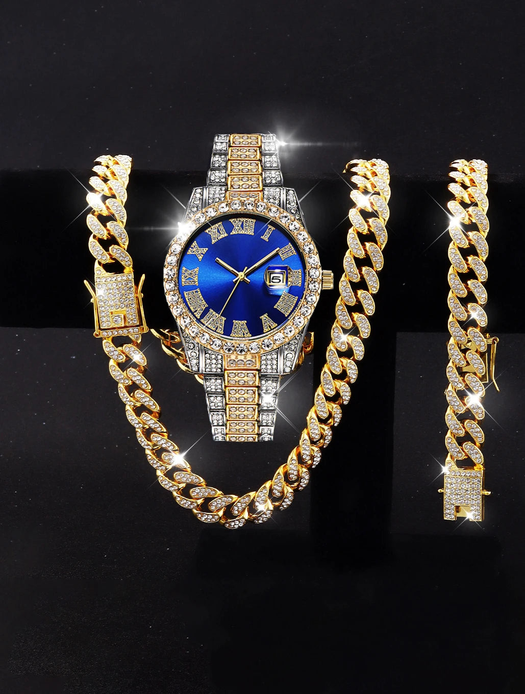 3PCS Luxury Watch With Calendar And Hip Hop Cuban Necklace bracelet set