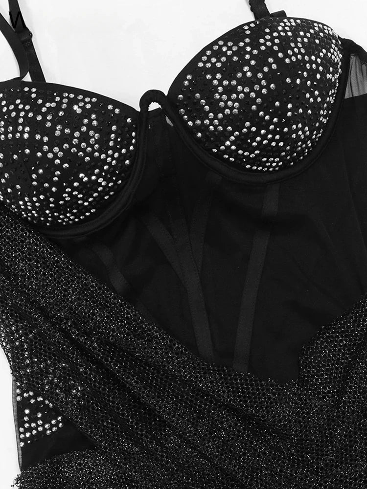 Luxury Irregular Lace Rhinestone Fish Bone Mesh Spaghetti Strips Slim Split Long Party Women Sexy Birthday Wedding Guest Dress