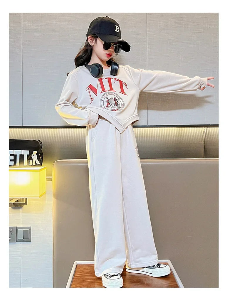 2025 autumn spring kid Girls Clothes Suit Child irregular letter sweatshirt t-shirt top and loose pant Tracksuit 4 8 10 12 year