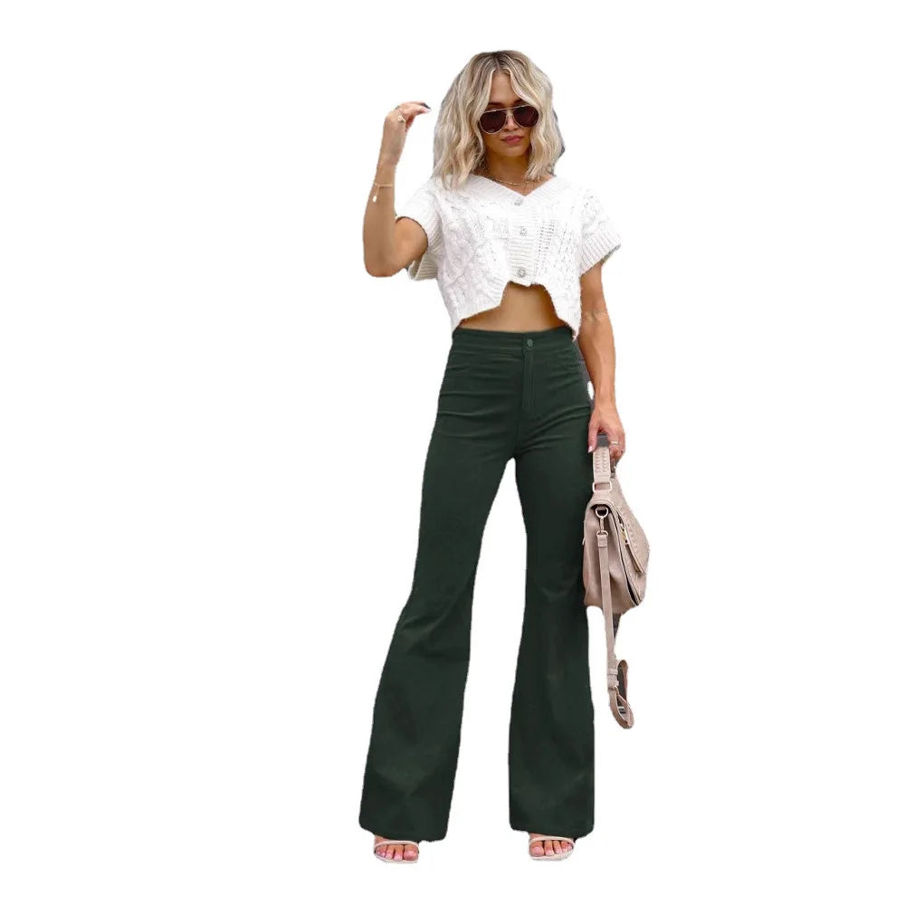 Women Pants Elegant Corduroy Autumn Winter Fashion Slim Casual Female New Solid Mid-waist Street Long Flare Clothing Lugentolo
