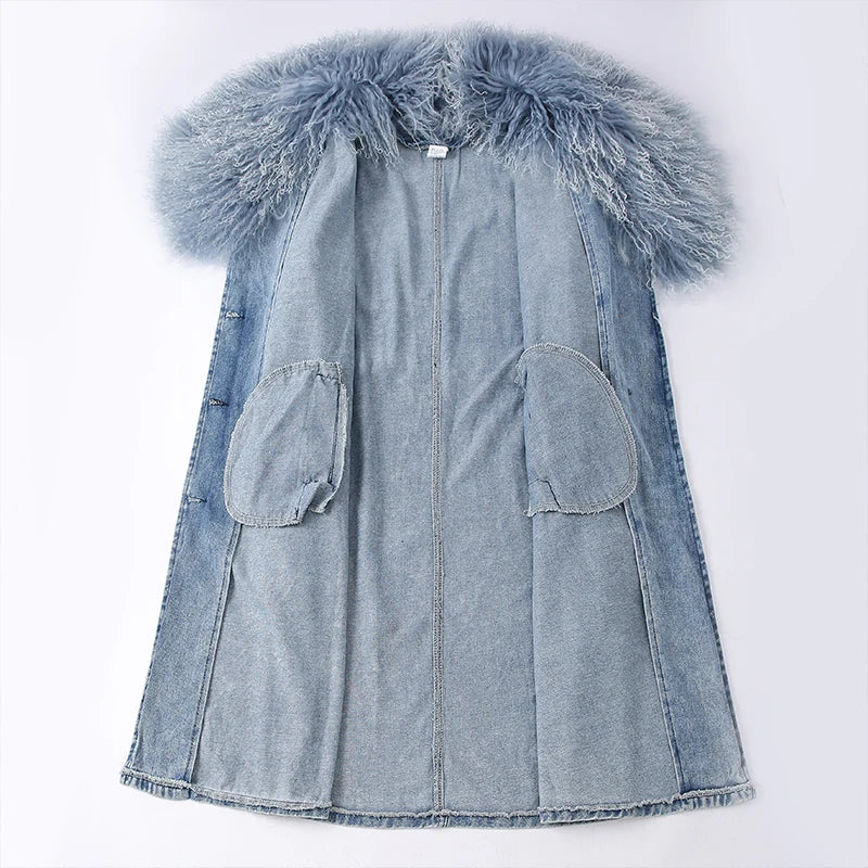 Lady Fashion Mongolian Fur Collar Denim Jacket Spring Autumn Long Trench Coat with Fur Detachable Collar