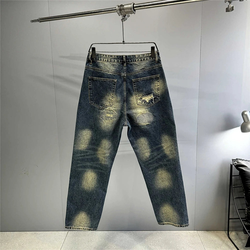 American Streetwear Ripped Patch Jeans Hip Hop Baggy Jeans Mens Clothing Vintage Denim Cargo Pants Japanese Harajuku Trousers