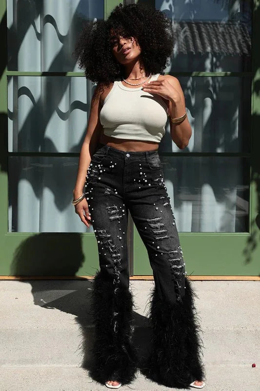 FAGADOER Feathers Patchwork Denim Pants Women Fashion Pearls Holes Tassel High Waist Stretchy Jeans Y2K Streetwear Bottoms New