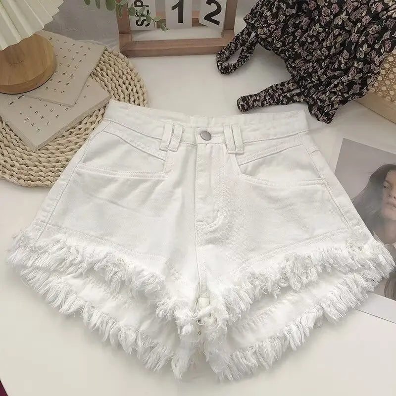 2025 High-waisted Slim Tassel White Denim Raw Shorts Summer 2024 Hot Girl Design New Womens Jean Shorts Шорти