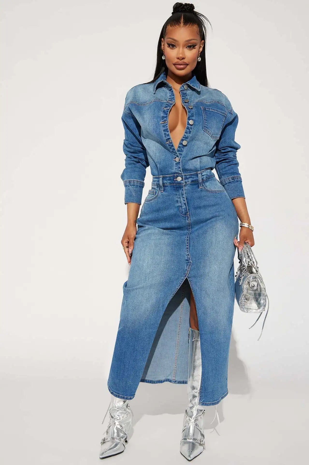 Spring Sexy Split Maxi Dress Fashion Lady Club Streetwear Jean Dress
