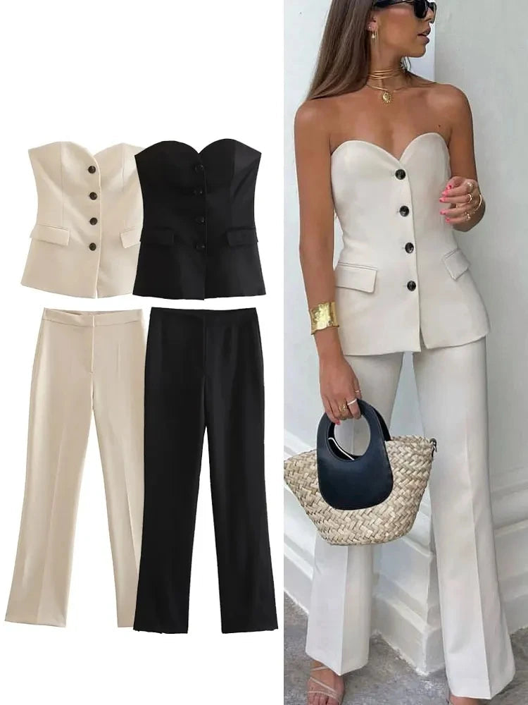 Women Elegant Pant Suit Strapless Top Side Slit Trouser