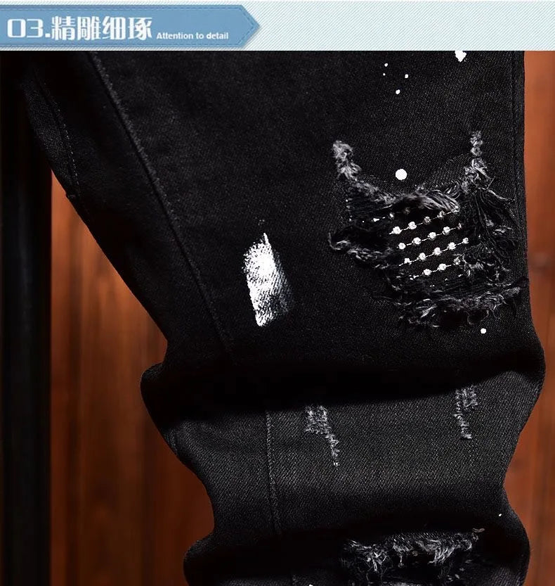 2024 Spring and Autumn New Fashion Trend Retro Ripped Black Stretch Jeans Men's Casual Comfort Straight Leg High Quality Pants