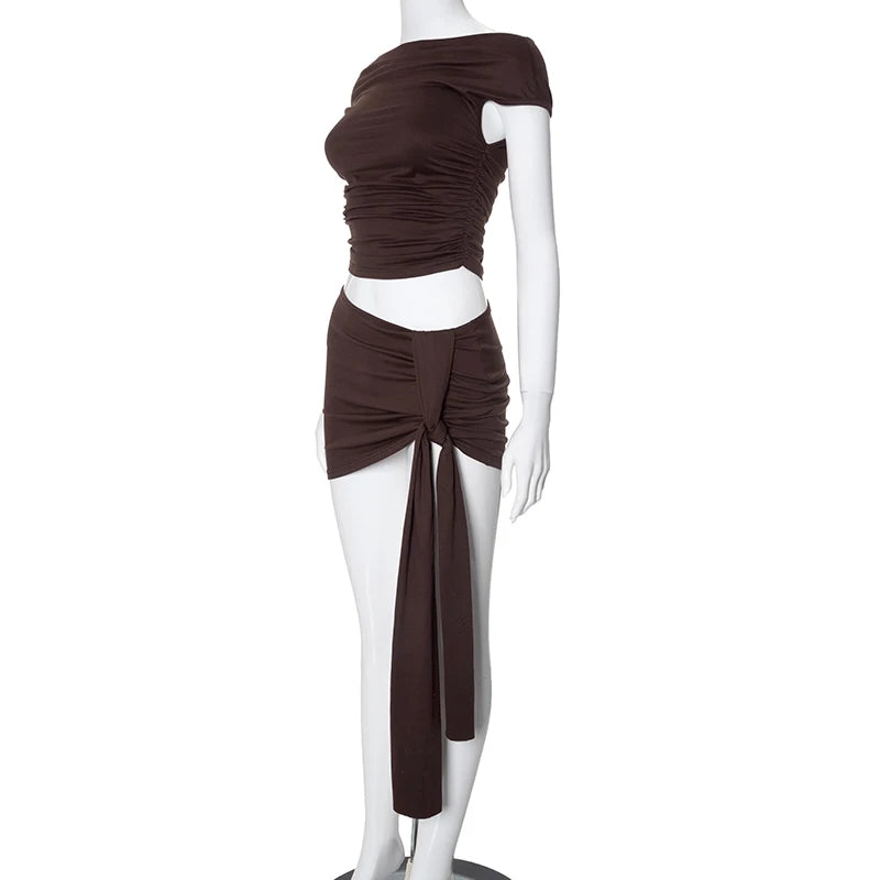CUTENOVA Solid Color Pleated Backless Sexy Twopiece Set 2024 Off Shoulder Mini Shkirt Women Set Elegant Evening Party 2 Pieces