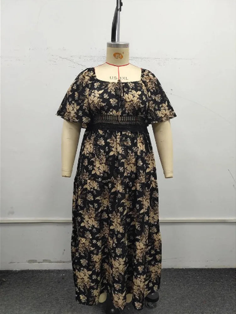 GIBSIE Plus Size Square Neck Floral Print Maxi Dress Women Summer 2025 Knot Front Hollow Out Boho Vacation Big Swing Dresses