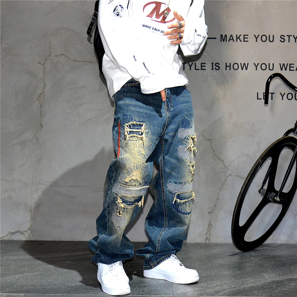 American Streetwear Ripped Patch Jeans Hip Hop Baggy Jeans Mens Clothing Vintage Denim Cargo Pants Japanese Harajuku Trousers