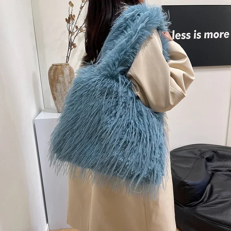2025 NEW Wool Women's Plush Shoulder Bags Y2k Hot Faux Fur Lady Bag Large Capacity Fashion Female Furry Purse Tote Handbags