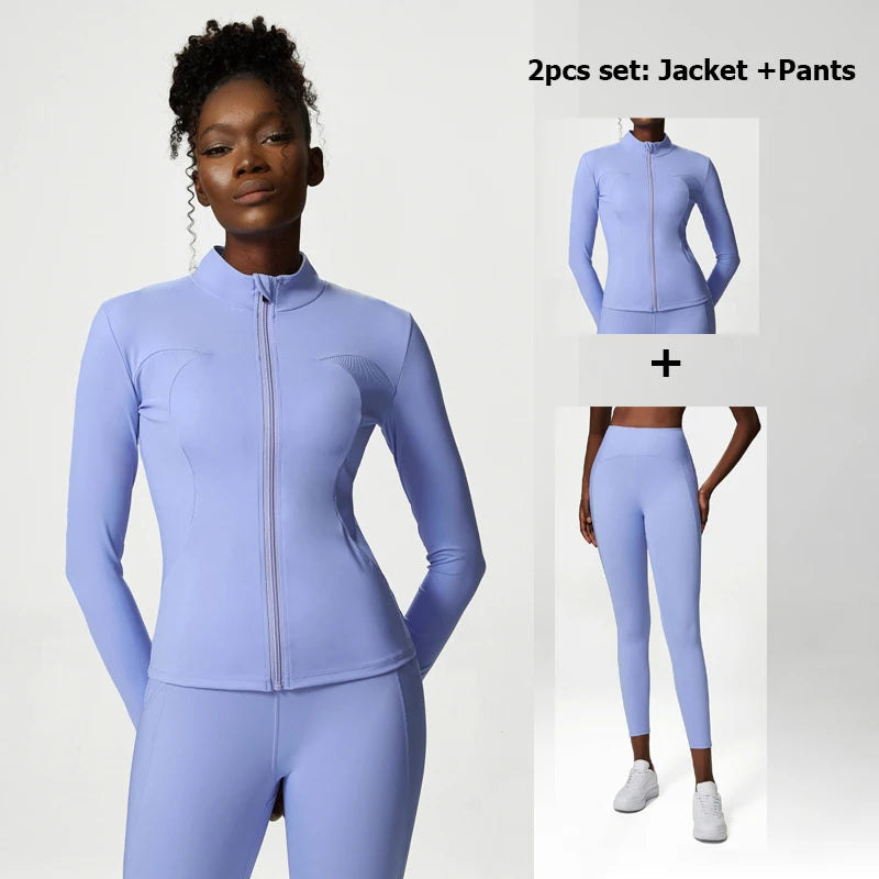 2/3 Pieces Fitness Yoga Set Women Solid Color Stretch Athletic Suit Sexy Bra Zipper Jacket High Waist Leggings Female Sportswear