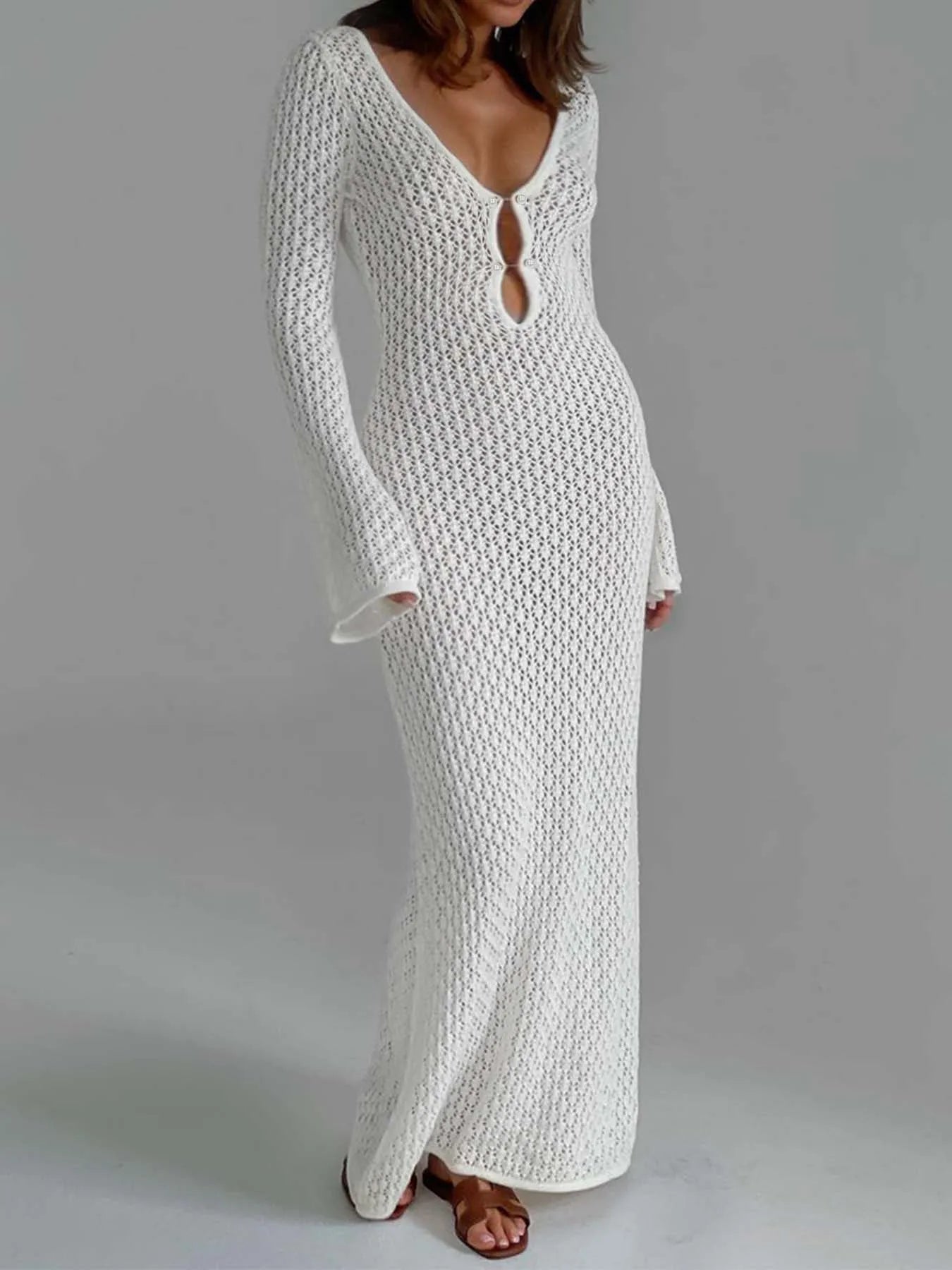 Deep V-Neck Hollow-Out Beach Dress
