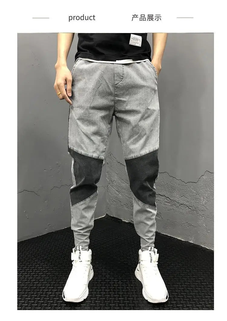 Men's Summer Korean Fashion Vintage Patchwork Stretchy Washed Denim Pants Y2K Casual Streetwear Slim Fit Jeans Pantalones Hombre