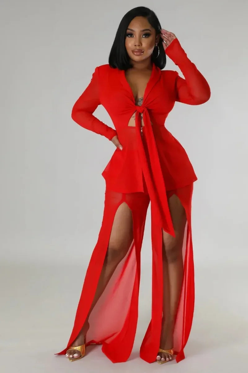 Women Fashion Sexy 2 Piece Set Long Sleeve Lace Up Ribbon Zipper Slim Blazer Tops + Split Wide Leg Pants See Through Mesh Suit
