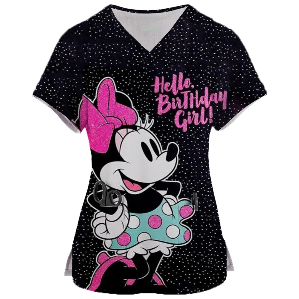 2024 New Minnie Mouse Print Nurse Medical Uniforms V-neck Short Sleeve Pocket Workwear Top Scrubs Medical Accessories Uniform