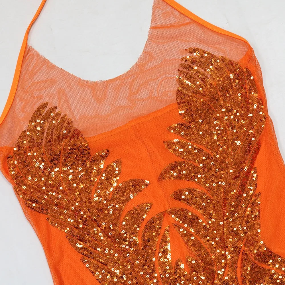 HLJ Fashion Perspective Sequin Halter Lace Up Bodycon Mini Dress Women Backless Sleeveless Feather Splicing Party Club Vestidos