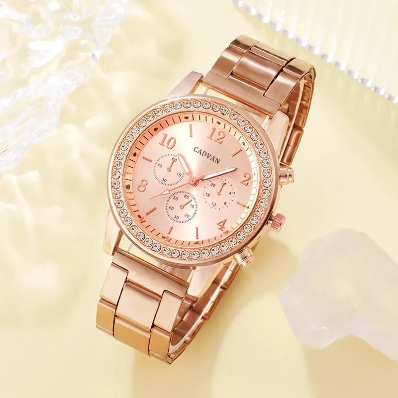 6PCS Luxury Watch Ring Necklace Earring Bracelet Watches Rhinestone Set